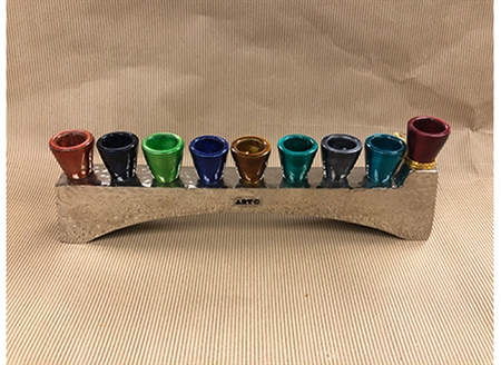 Low silver menorah and colorful